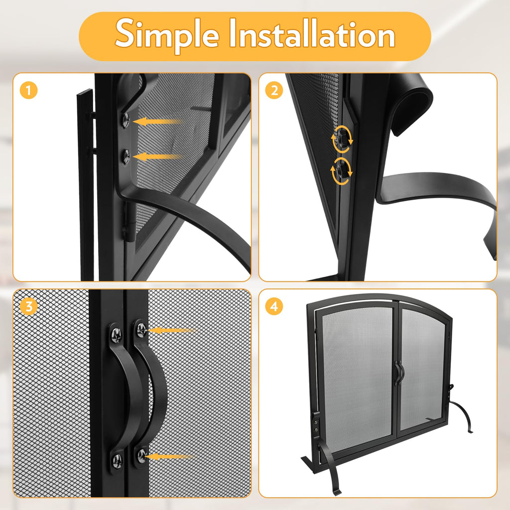35"x27" Arched Black Fireplace Screen with Magnetic Double Doors X112