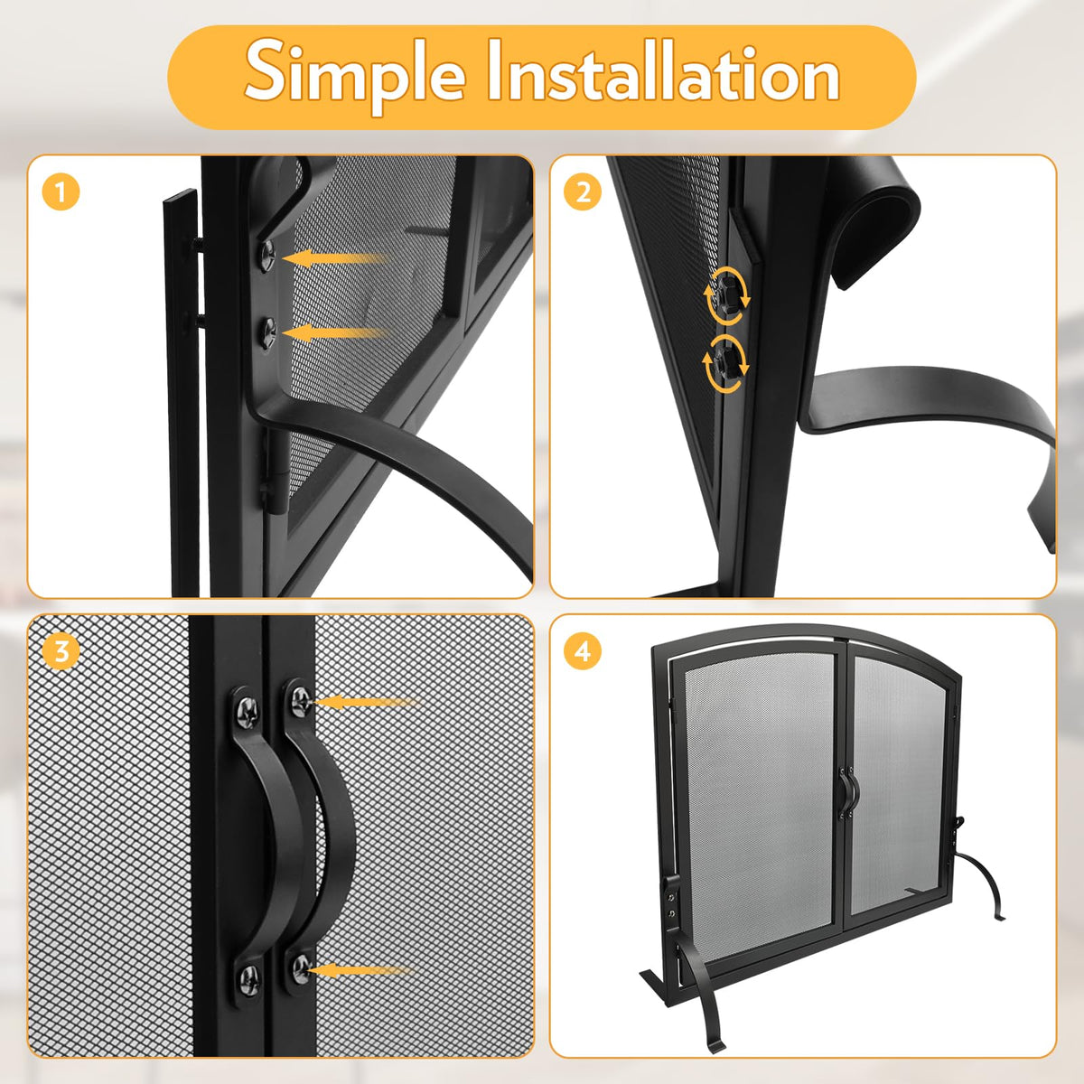 35"x27" Arched Black Fireplace Screen with Magnetic Double Doors X112