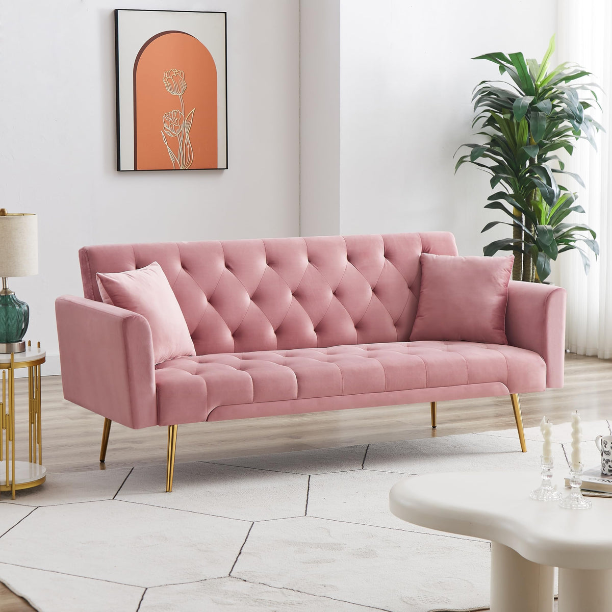 Pink Velvet Convertible Sofa Bed J88832