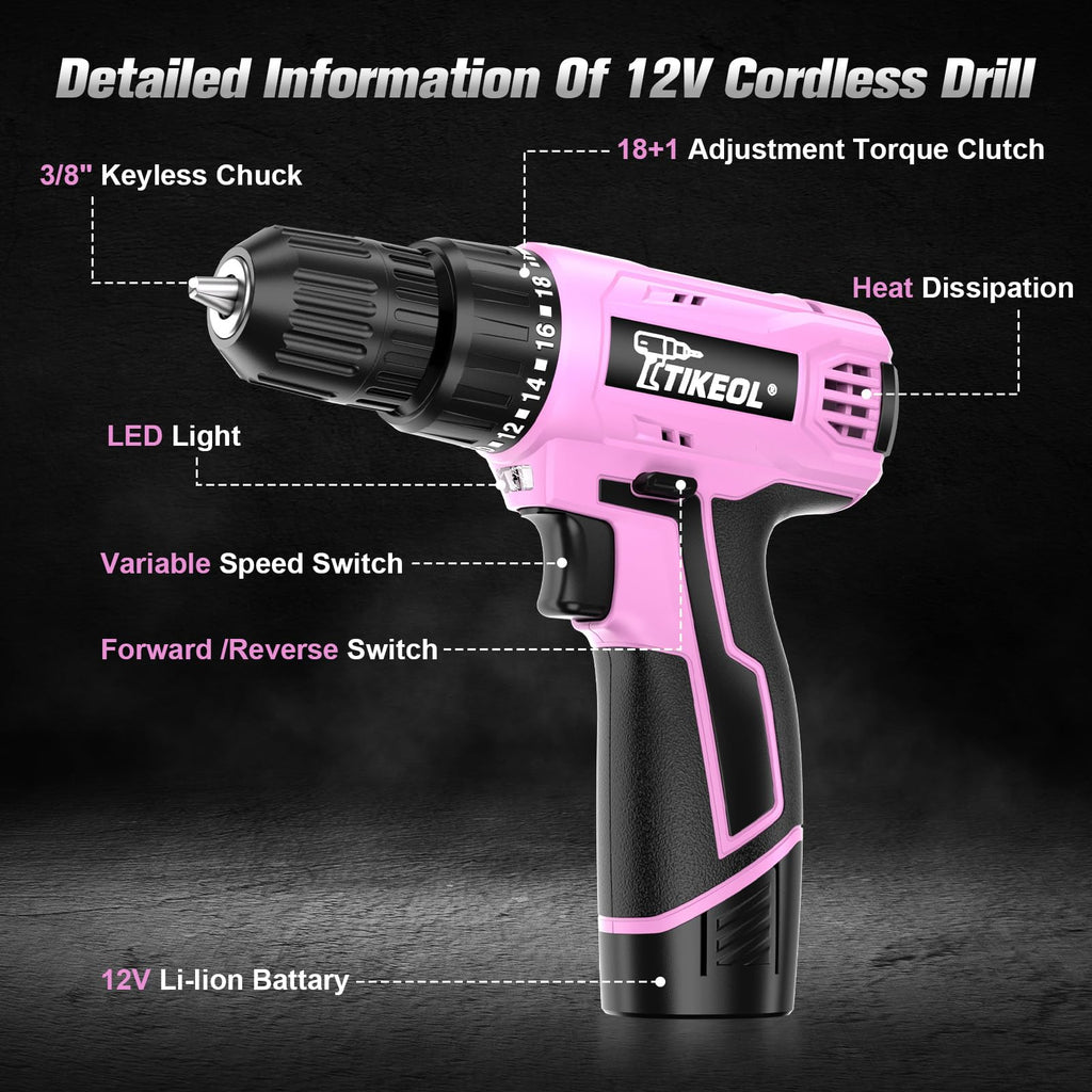 12V Cordless Drill Set with Battery & Charger, 180 In-lbs Torque, 3/8" Keyless Chuck, Pink C52441