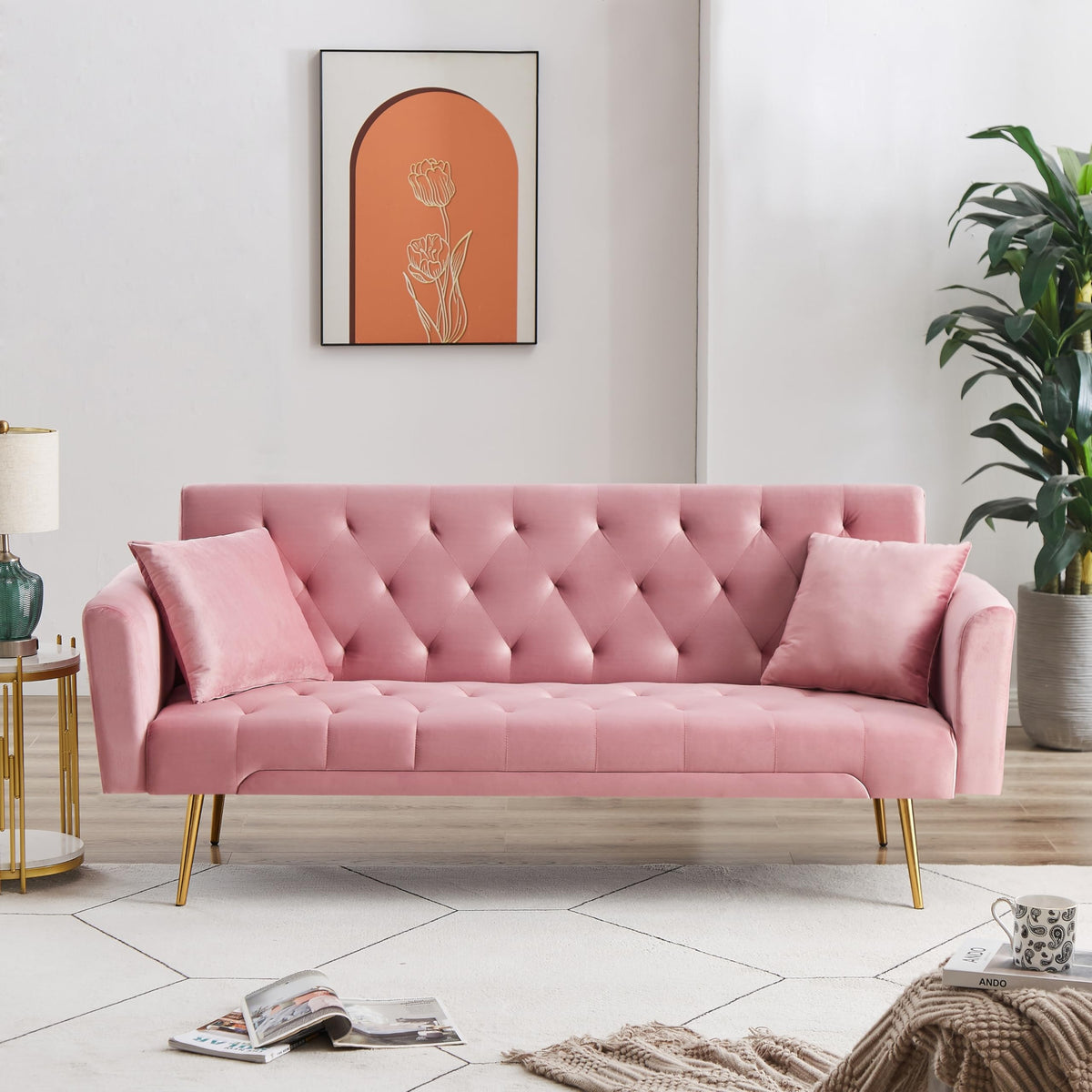 Pink Velvet Convertible Sofa Bed J88832