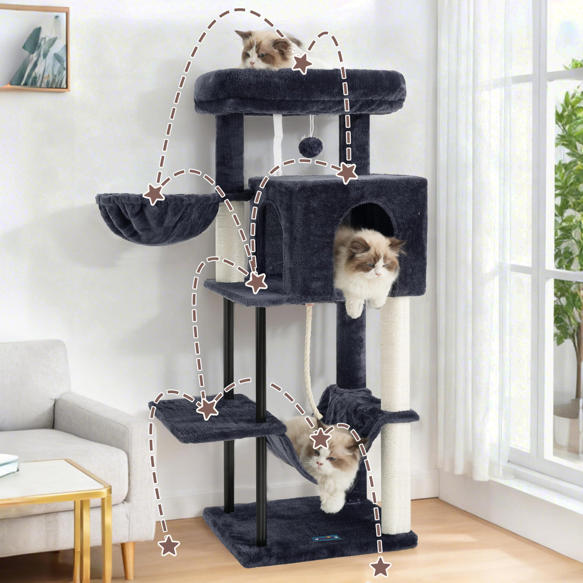 43.3 inch Smoky Gray Cat Tree with Hammock and Scratching Post D555