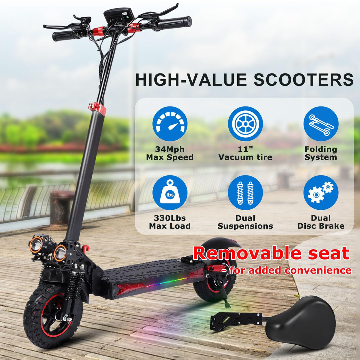 1200W 37 Mile Range 34MPH Foldable Electric Scooter with Seat P387