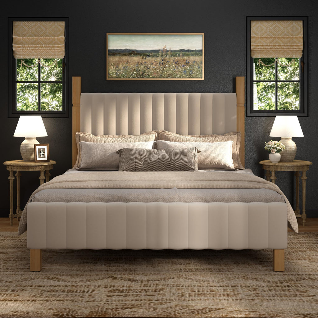 Queen Size Beige Linen Bed Frame with Headboard L84106