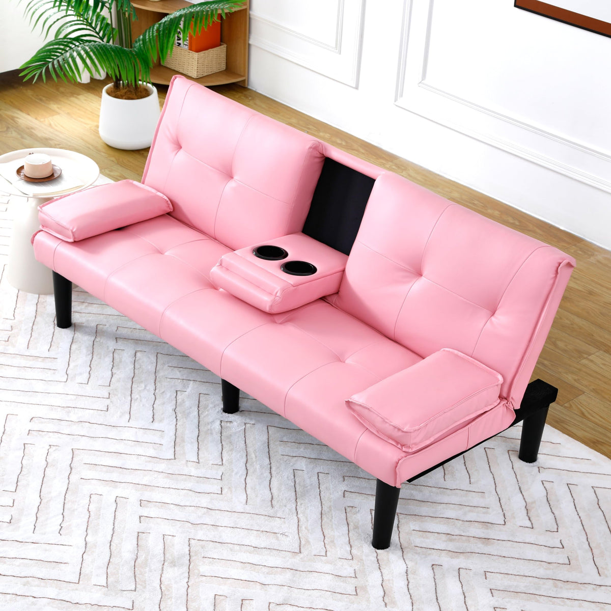 Pink 3 in 1 Convertible Sleeper Sofa Bed with Cup Holder F3659