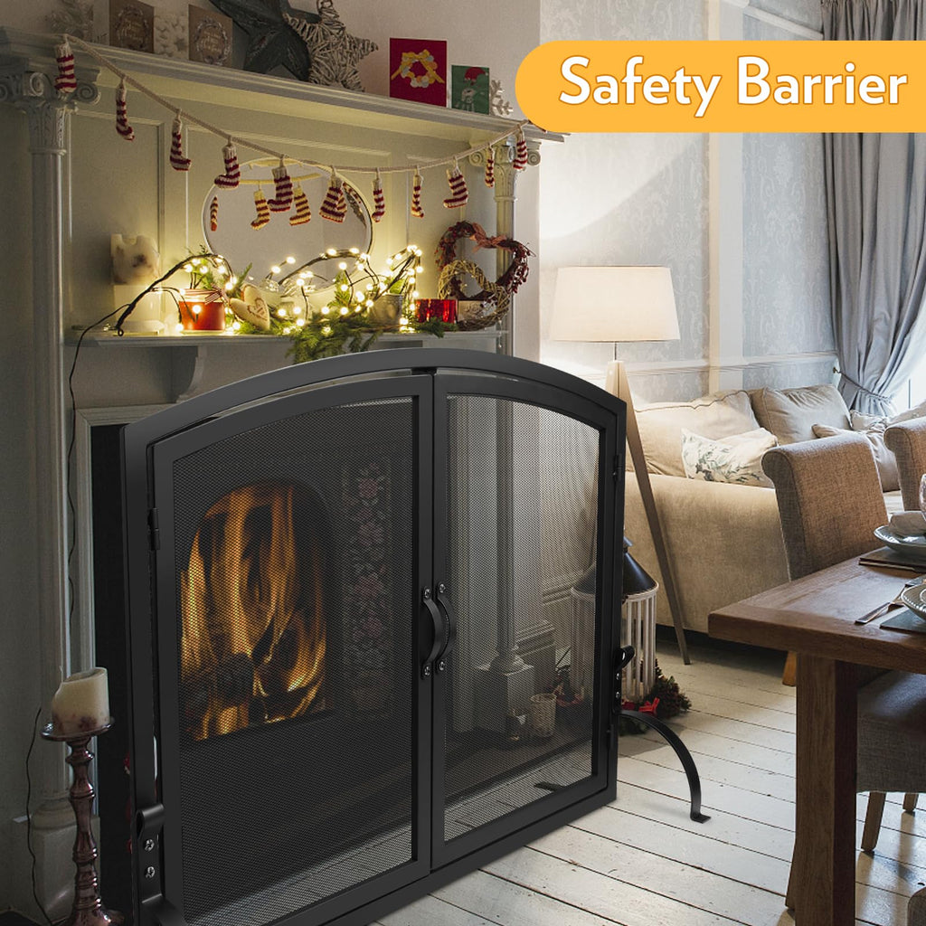 35"x27" Arched Black Fireplace Screen with Magnetic Double Doors X112