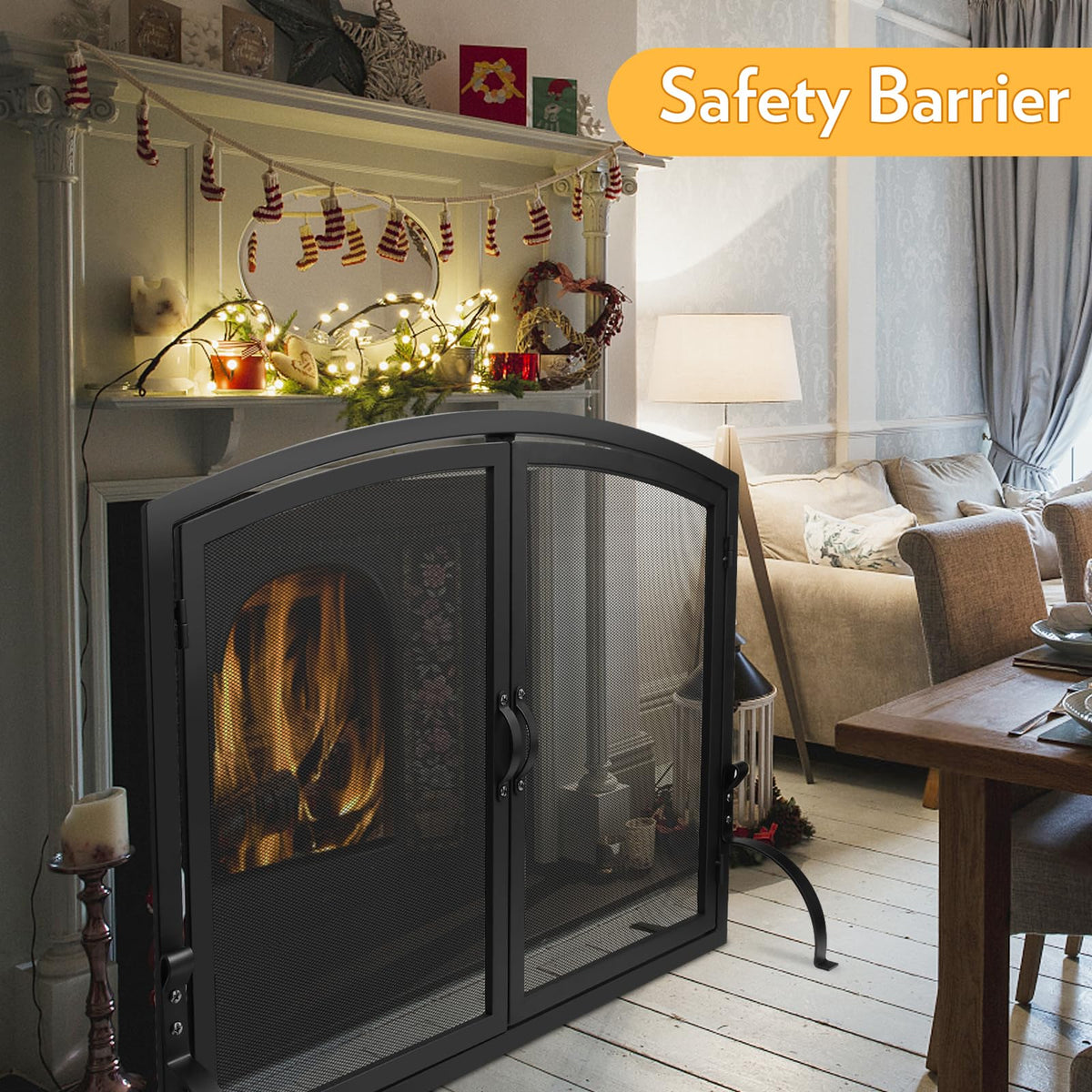 35"x27" Arched Black Fireplace Screen with Magnetic Double Doors X112