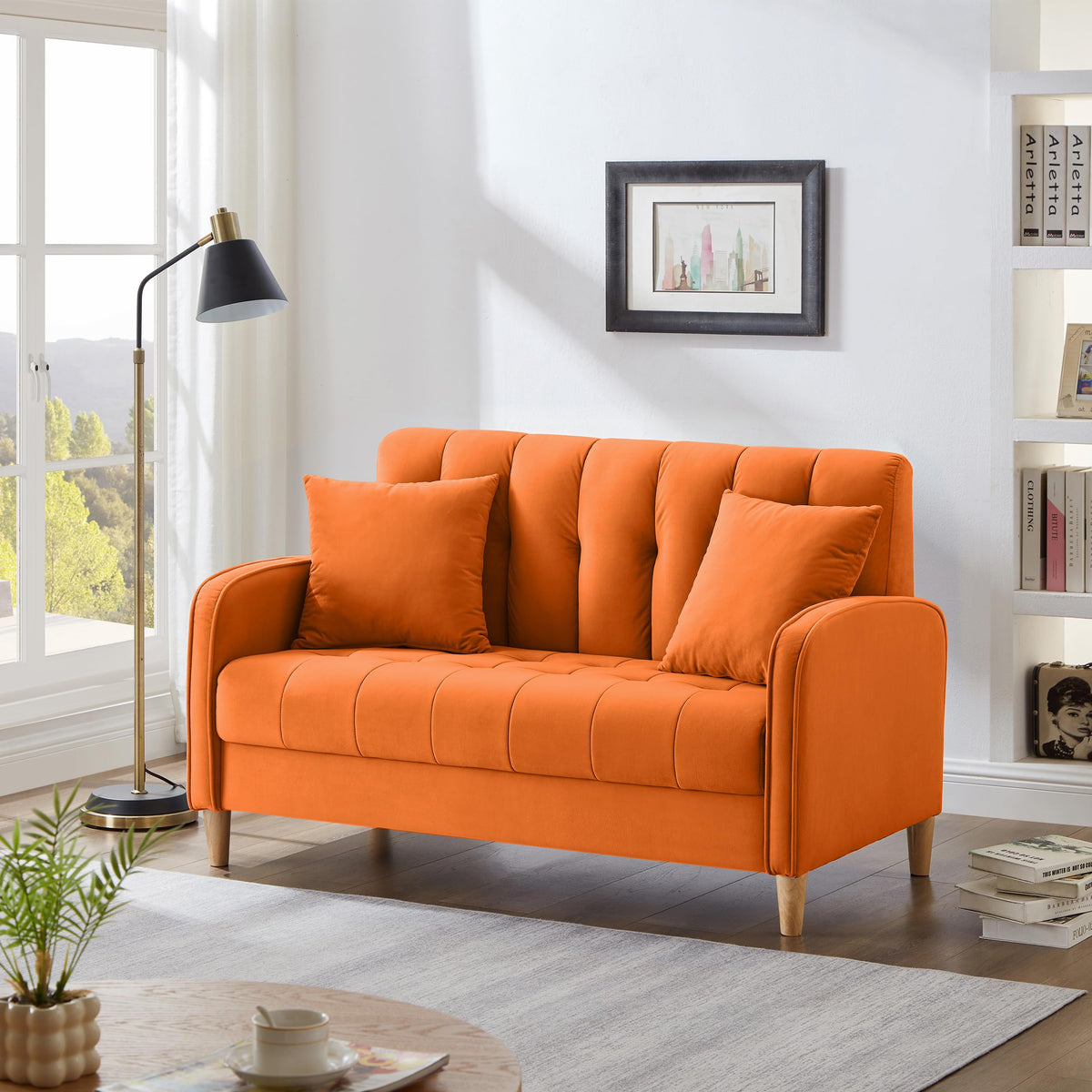 Orange Velvet Tufted Loveseat Sofa L8554