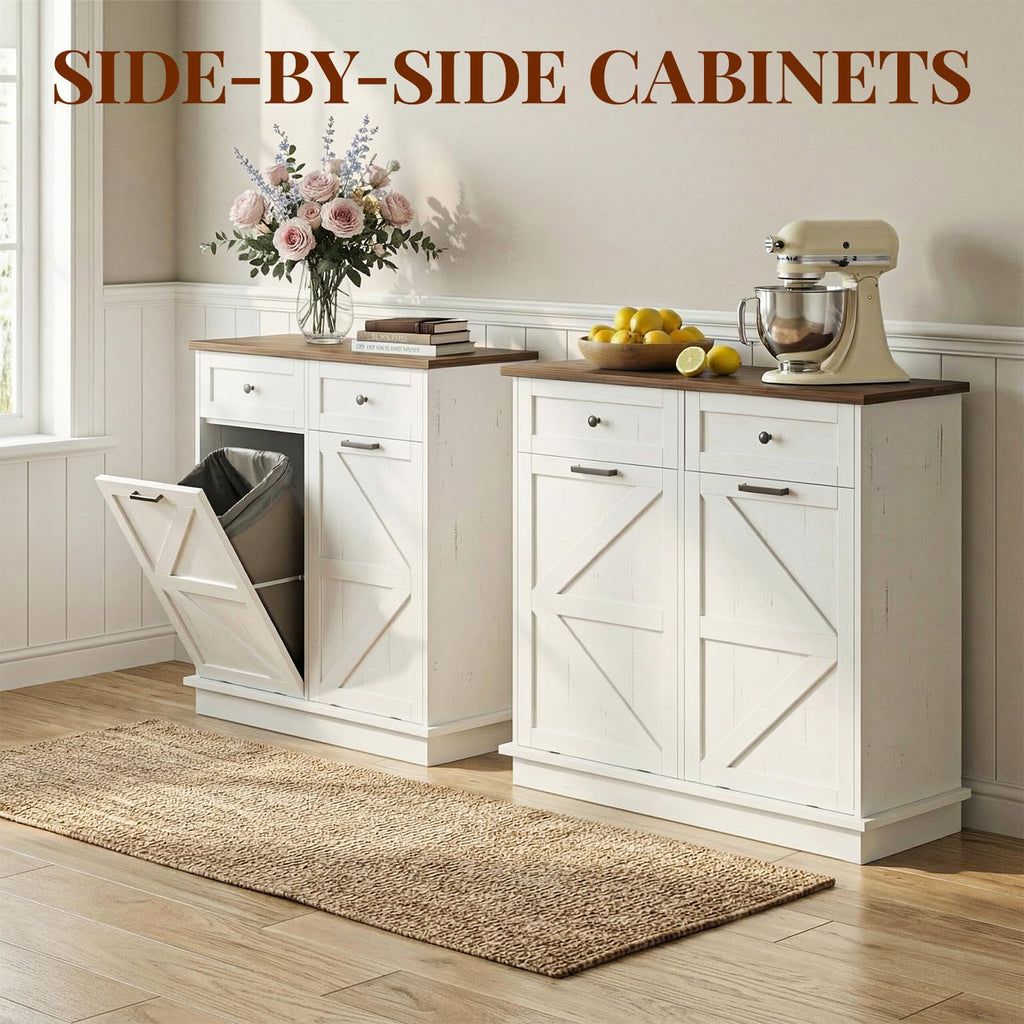 White Double 10-Gallon Tilt Out Trash Can Cabinet with Drawer L943