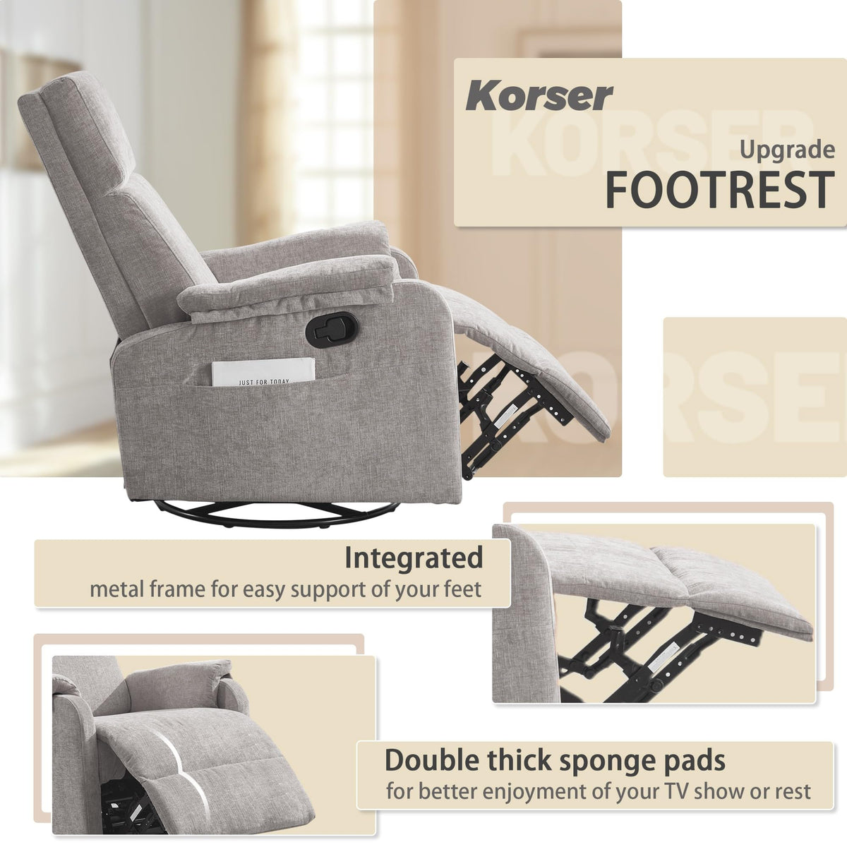 Chenille Grey Swivel Rocking Recliner Chair D49336