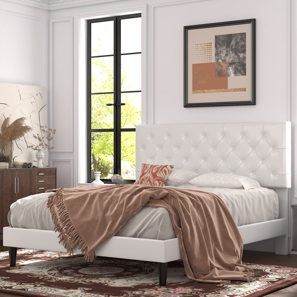 Queen Size Platform Bed Frame with Faux Leather Headboard R120