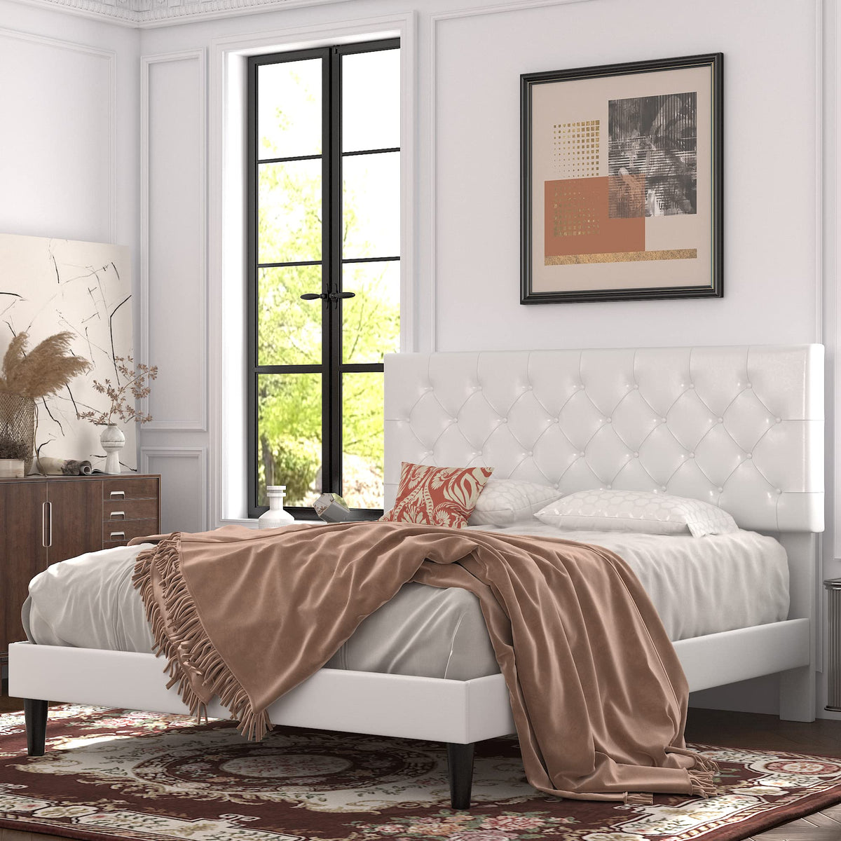 Queen Size Platform Bed Frame with Faux Leather Headboard R120