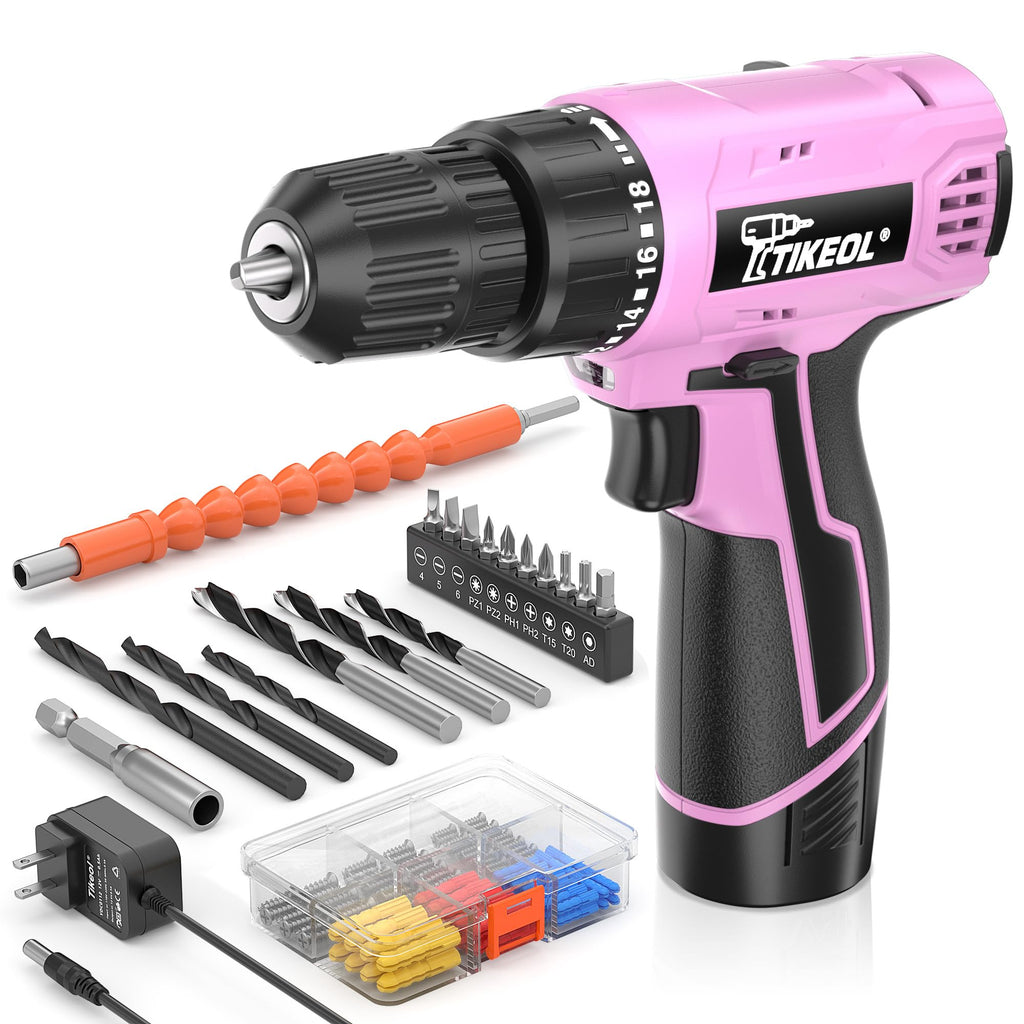 12V Cordless Drill Set with Battery & Charger, 180 In-lbs Torque, 3/8" Keyless Chuck, Pink C52441