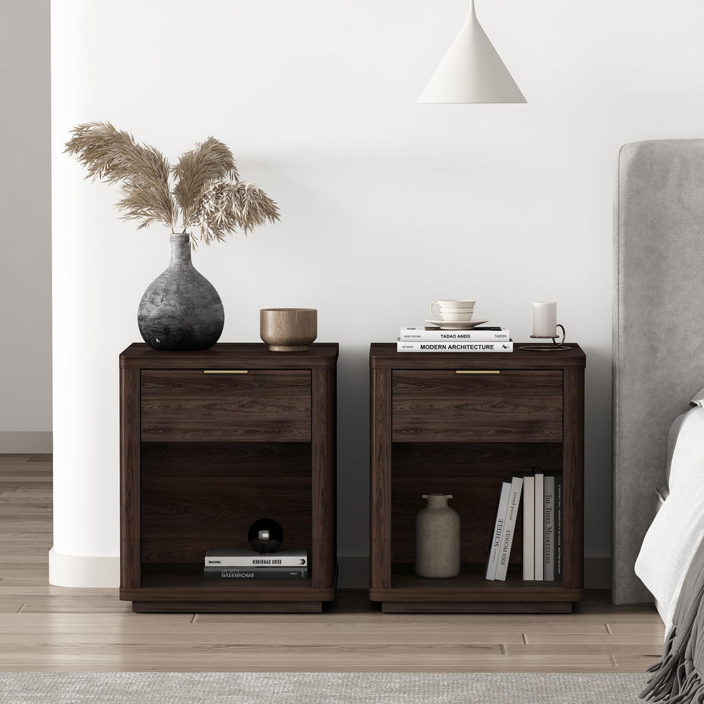 Brown Set of 2 Nightstands with Drawer and Open Shelf H7519