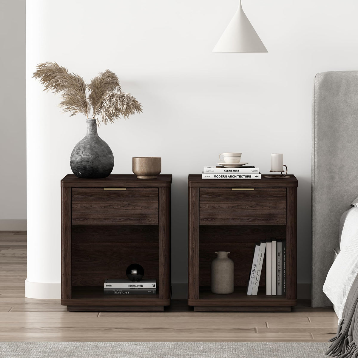 Brown Set of 2 Nightstands with Drawer and Open Shelf H7519