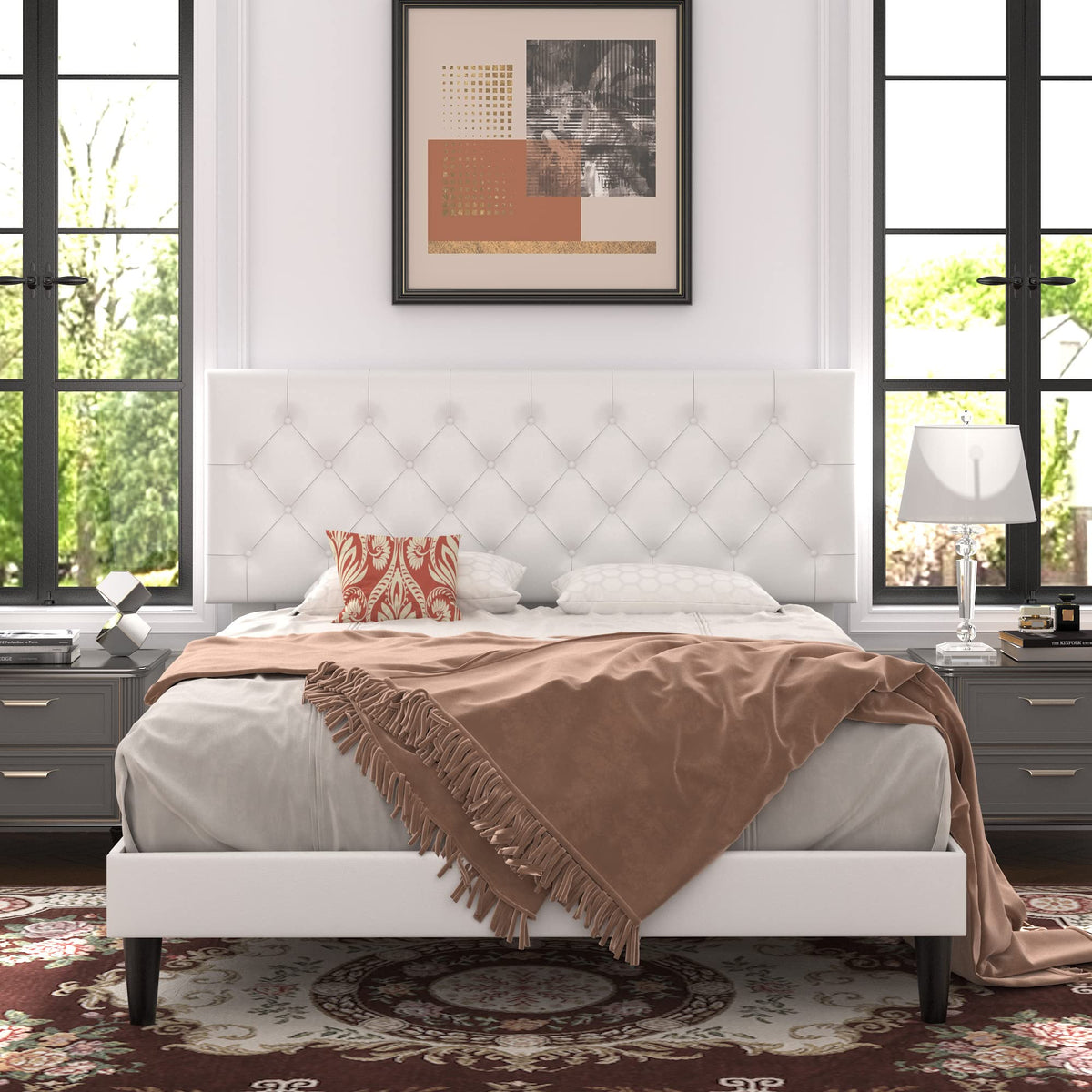 Queen Size Platform Bed Frame with Faux Leather Headboard R120