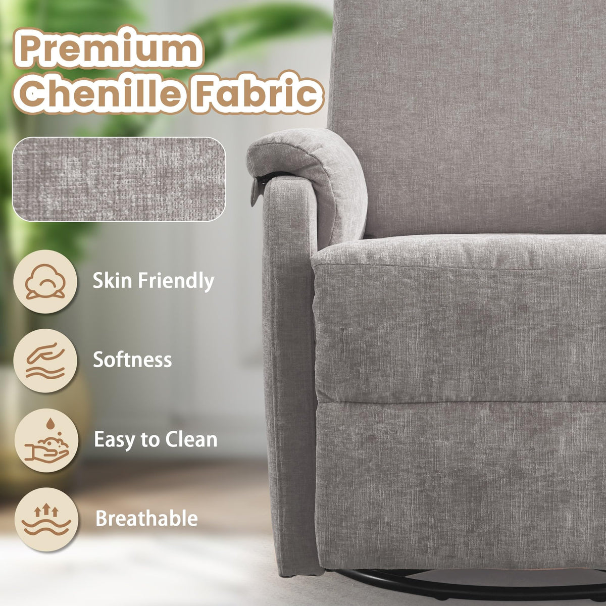 Chenille Grey Swivel Rocking Recliner Chair D49336