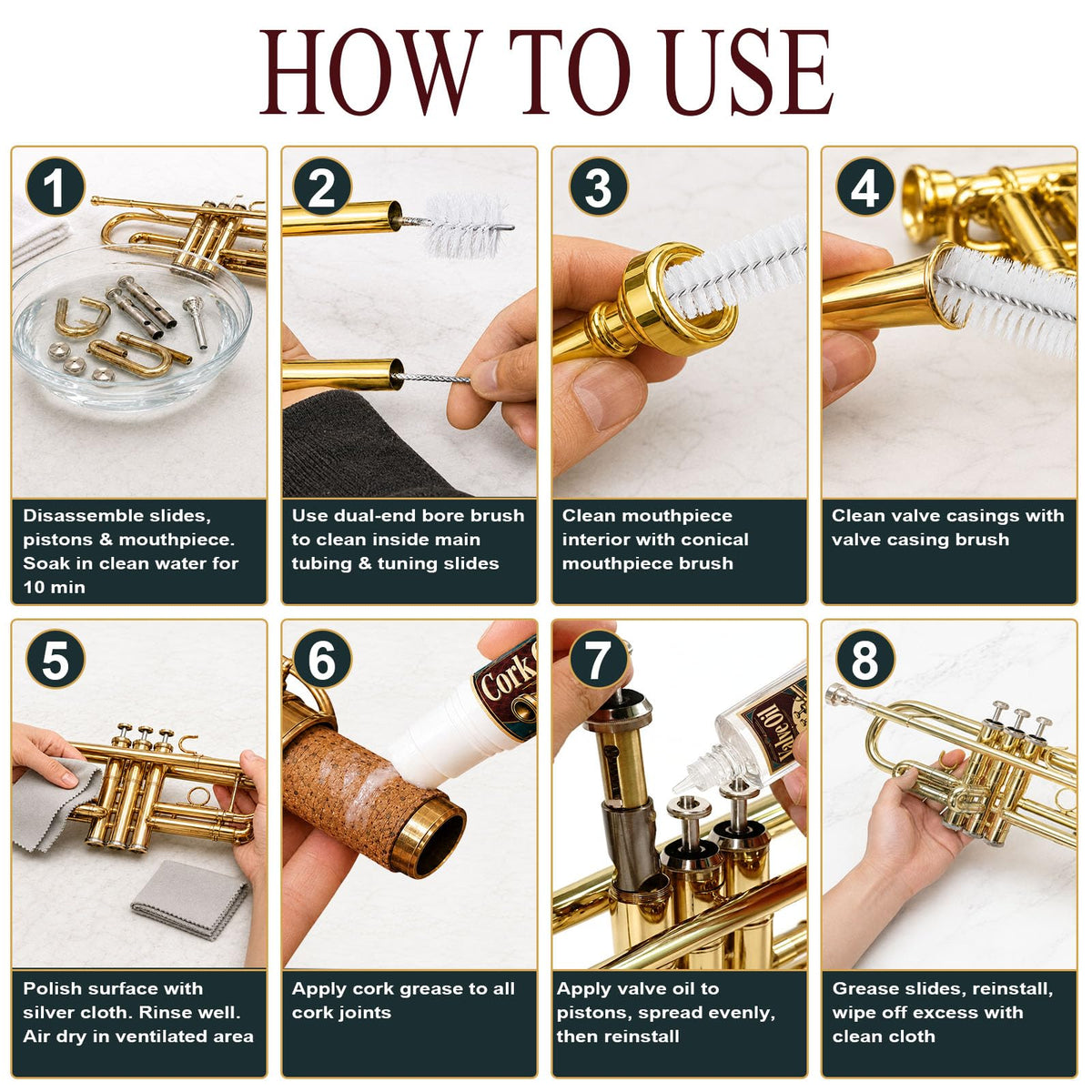 Trumpet Cleaning Kit with Oil, Grease & Brushes V132