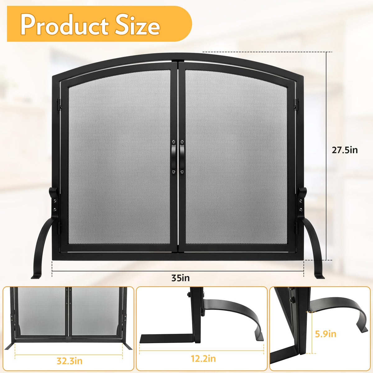 35"x27" Arched Black Fireplace Screen with Magnetic Double Doors X112