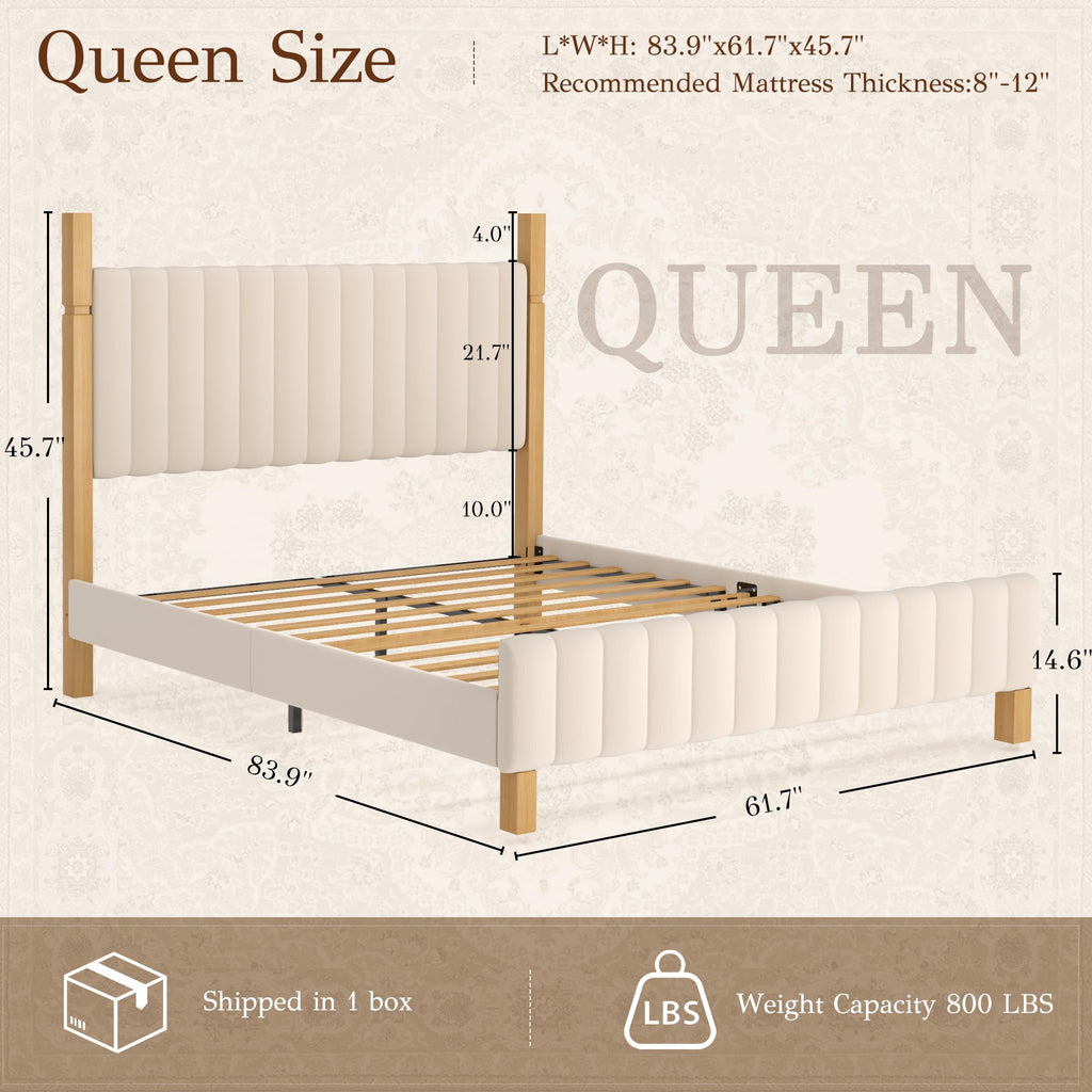 Queen Size Beige Linen Bed Frame with Headboard L84106