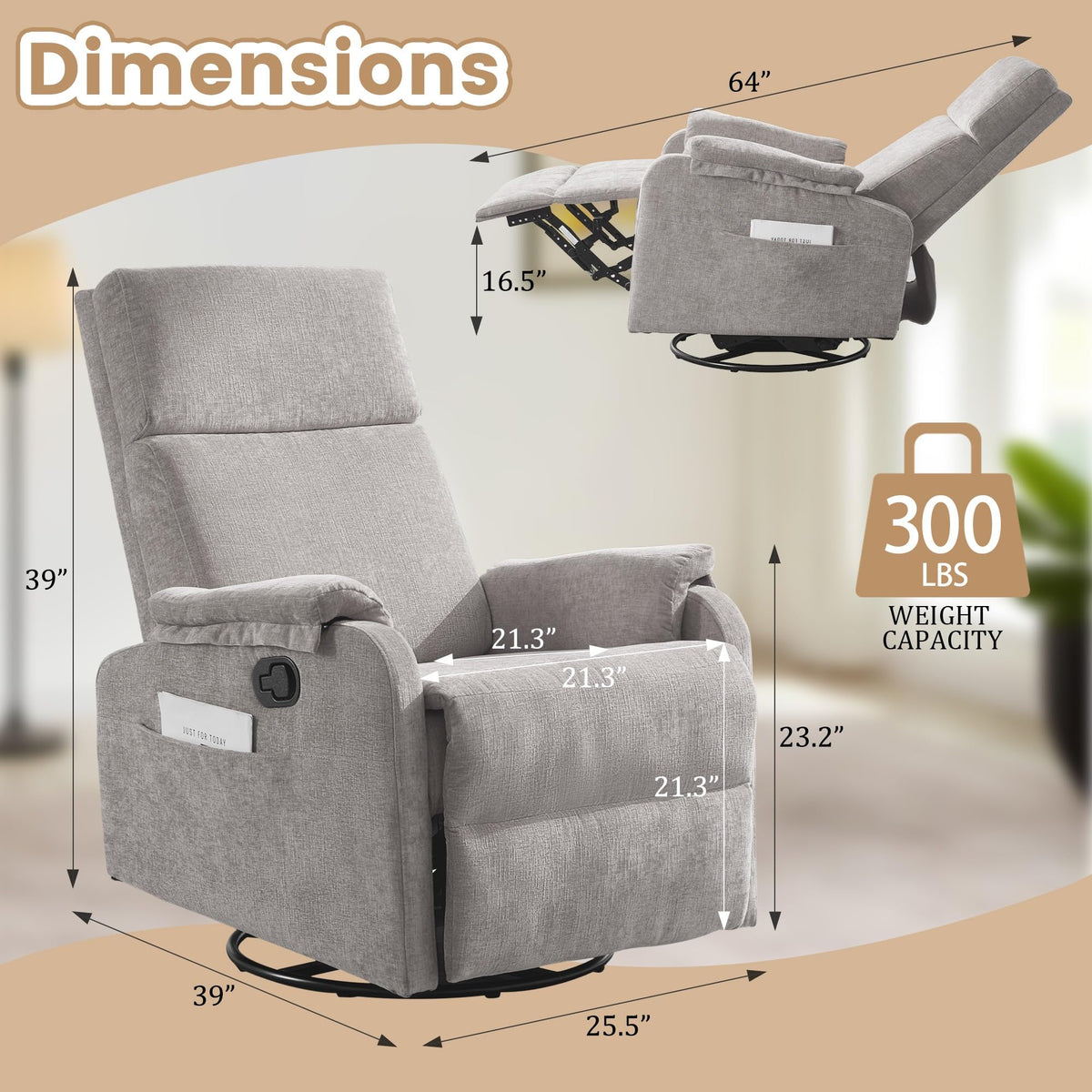 Chenille Grey Swivel Rocking Recliner Chair D49336