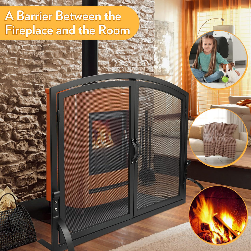 35"x27" Arched Black Fireplace Screen with Magnetic Double Doors X112
