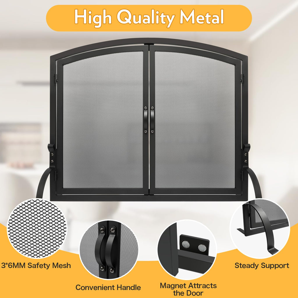 35"x27" Arched Black Fireplace Screen with Magnetic Double Doors X112