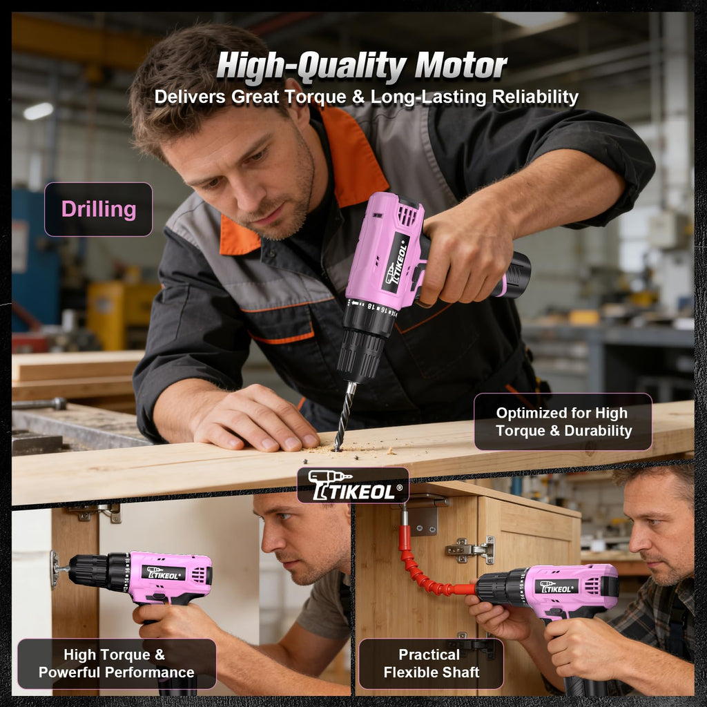 12V Cordless Drill Set with Battery & Charger, 180 In-lbs Torque, 3/8" Keyless Chuck, Pink C52441