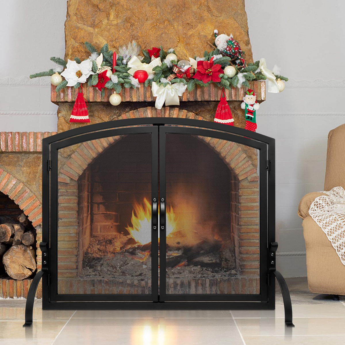 35"x27" Arched Black Fireplace Screen with Magnetic Double Doors X112