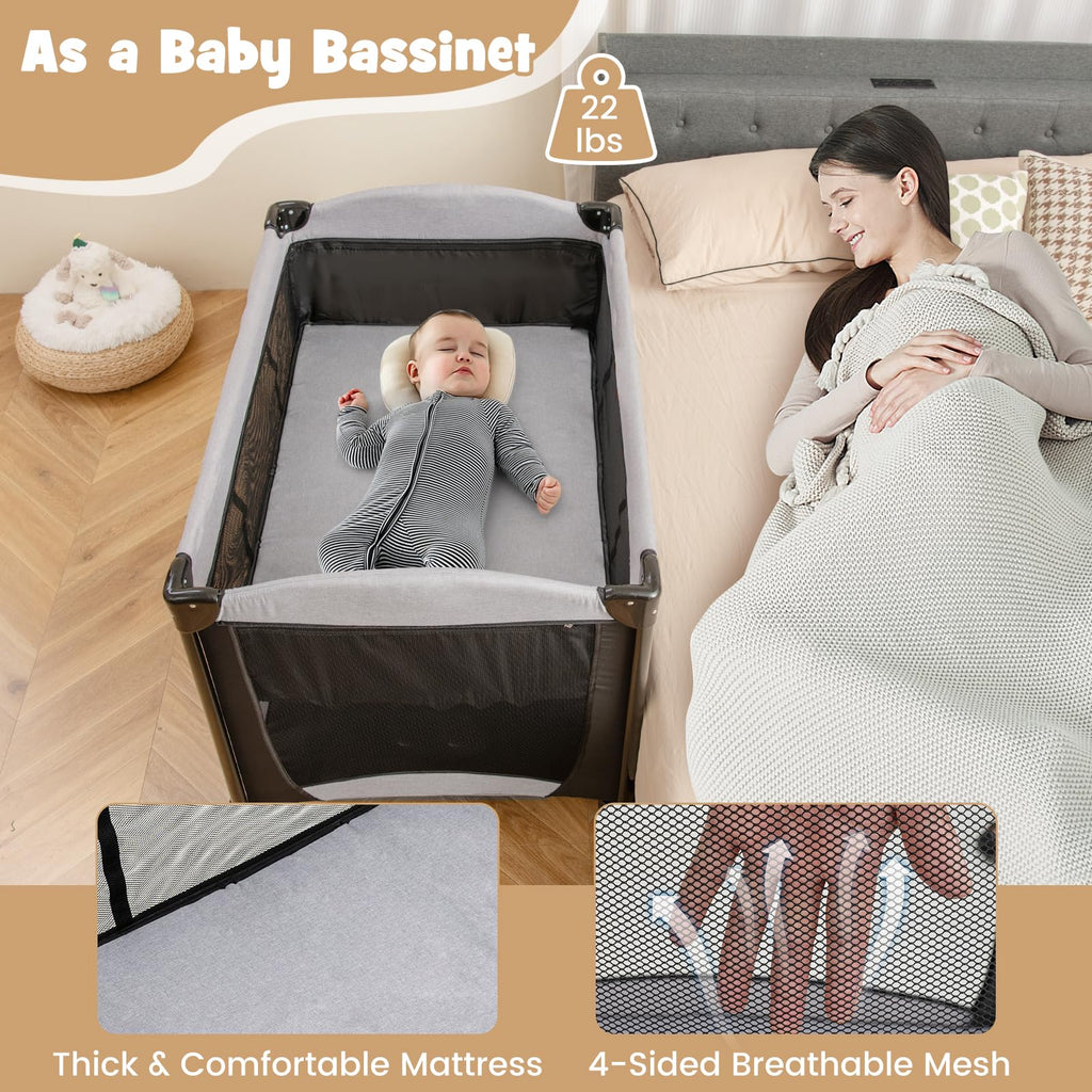 4 in 1 Pack and Play Portable Baby Playard with Changing Table Bassinet Mattress Carry Bag I1001