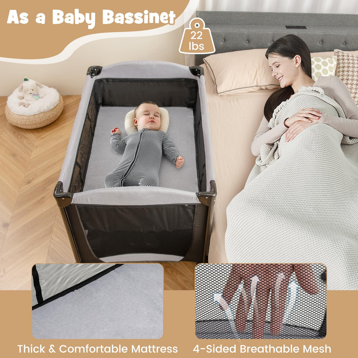 4 in 1 Pack and Play Portable Baby Playard with Changing Table Bassinet Mattress Carry Bag I1001