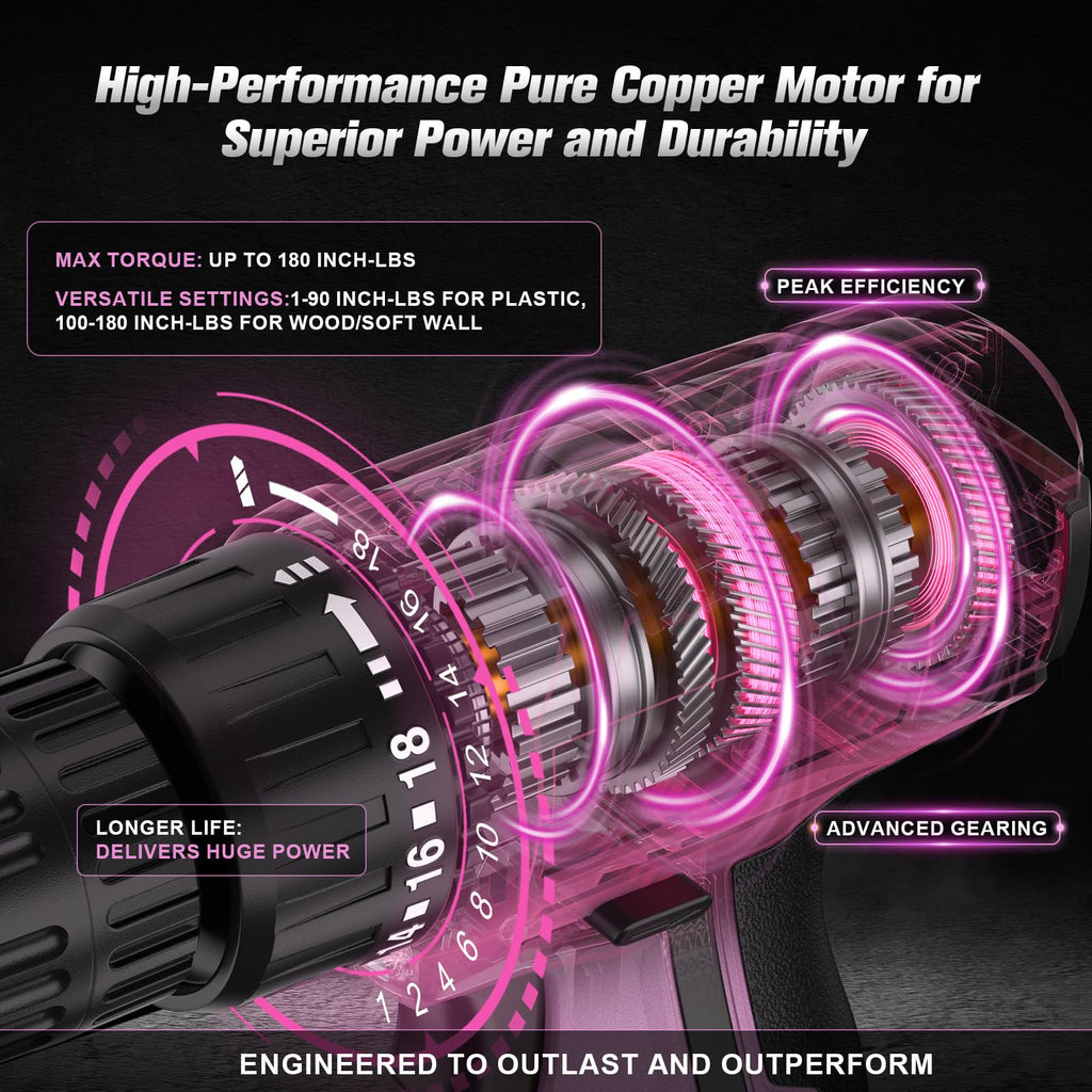 12V Cordless Drill Set with Battery & Charger, 180 In-lbs Torque, 3/8" Keyless Chuck, Pink C52441