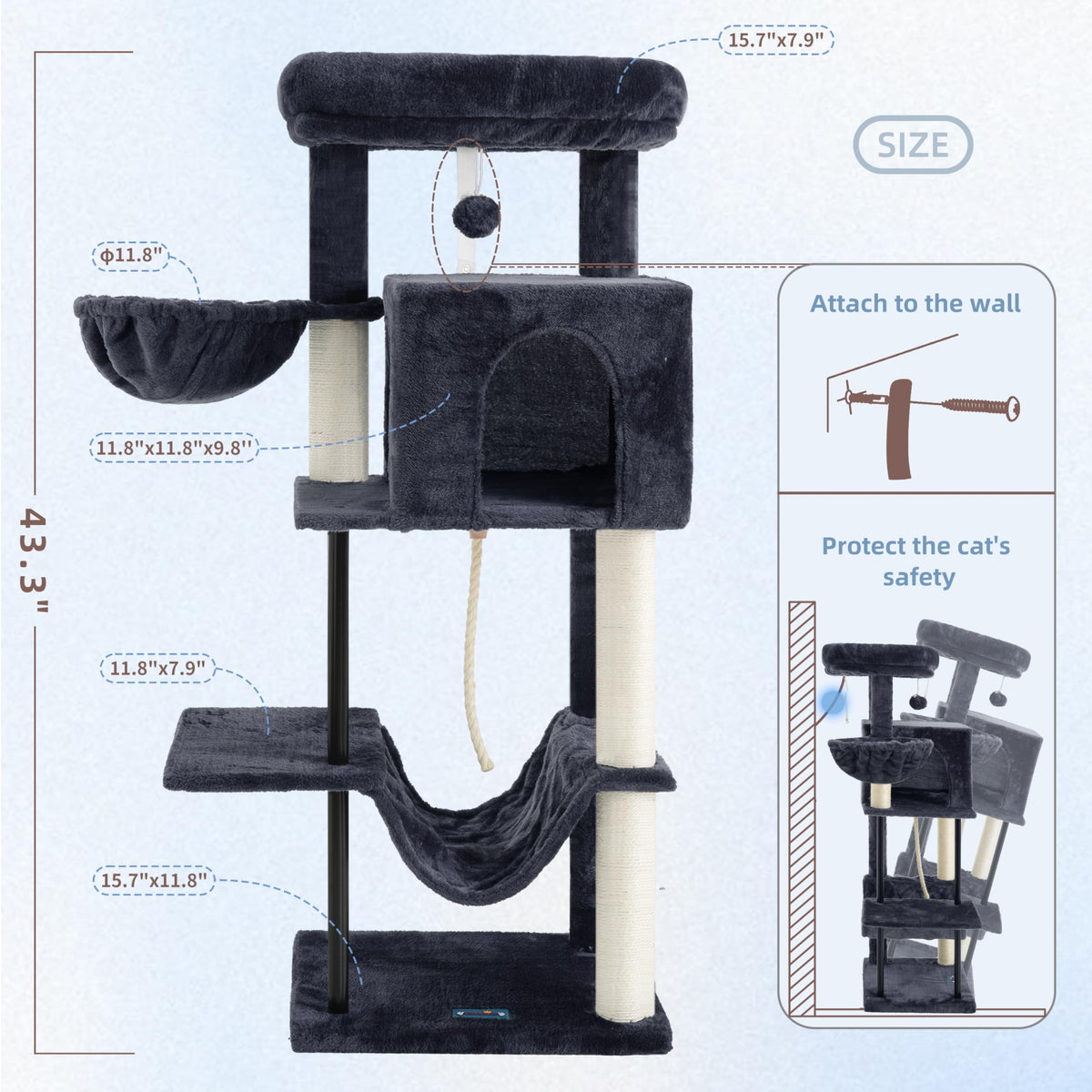 43.3 inch Smoky Gray Cat Tree with Hammock and Scratching Post D555