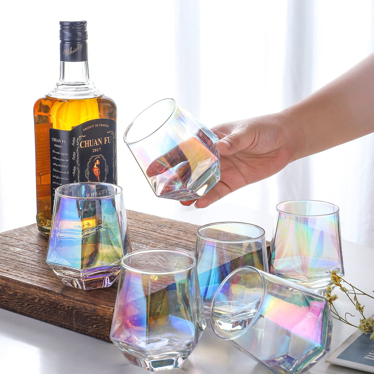 Stemless Wine Glasses Set of 6, 10 Oz Iridescent Diamond Shaped Glassware D262742