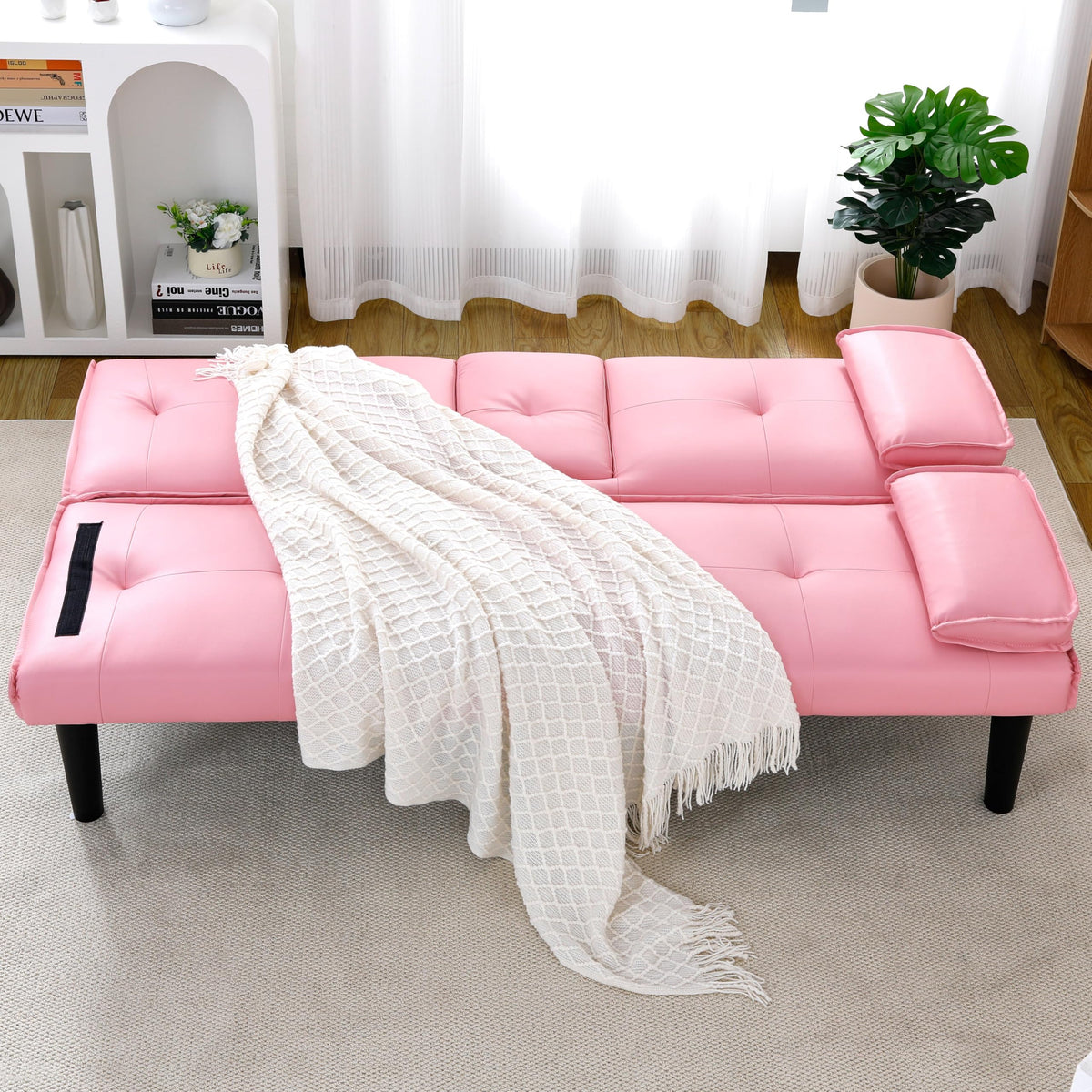 Pink 3 in 1 Convertible Sleeper Sofa Bed with Cup Holder F3659